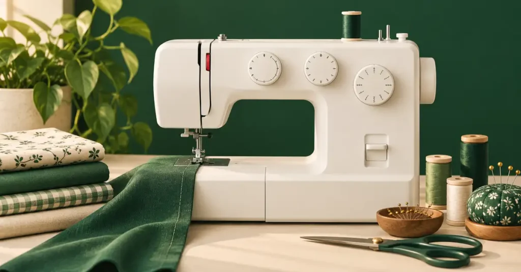 Editorial illustration of a sewing machine and project supplies for bernette b35 sewing machine reviews.