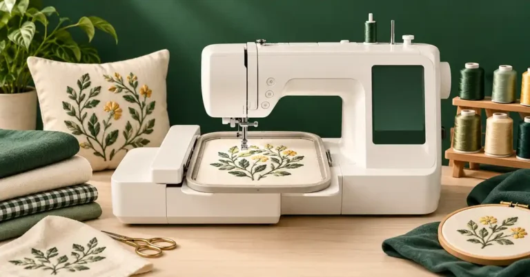 Editorial illustration of a embroidery machine and project supplies for best budget embroidery machine.