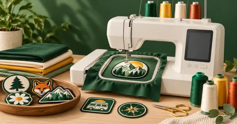 Editorial illustration of a embroidery machine and project supplies for best embroidery machine for patches.