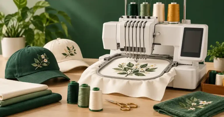 Editorial illustration of a embroidery machine and project supplies for best embroidery machine for hats and shirts.