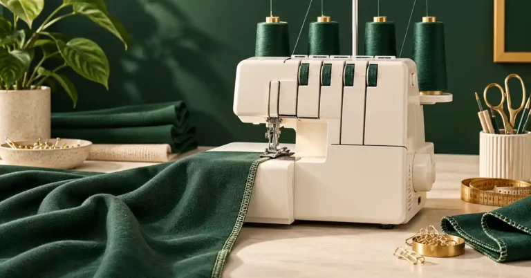 Editorial illustration of a serger with thread cones for best sewing machine overlocker.