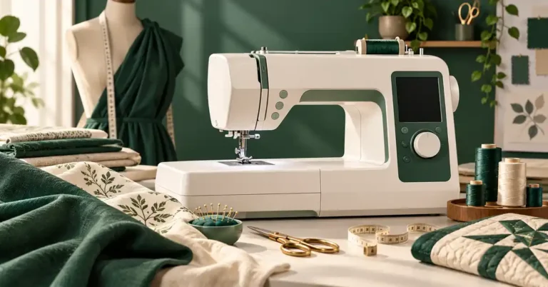 Editorial illustration of a sewing machine and project supplies for best sewing machine for advanced sewers.