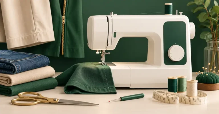 Editorial illustration of a sewing machine and project supplies for best sewing machine for alterations.