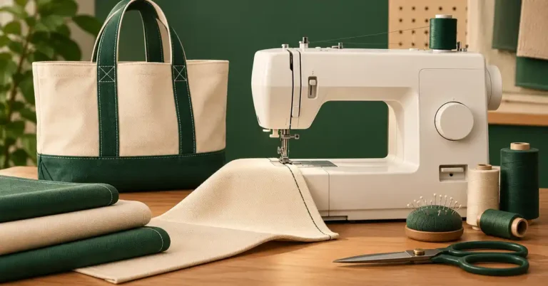 Editorial illustration of a sewing machine and project supplies for best sewing machine for canvas.