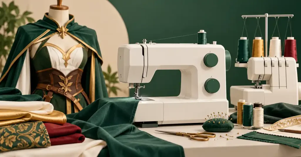 Editorial illustration of a sewing machine and project supplies for best sewing machine for cosplay.