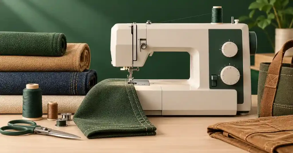 Editorial illustration of a sewing machine and project supplies for best sewing machine for heavy fabric.