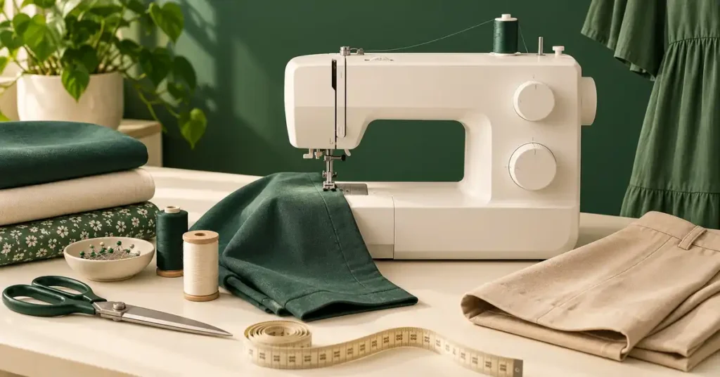 Editorial illustration of a sewing machine and project supplies for best sewing machine for hemming.