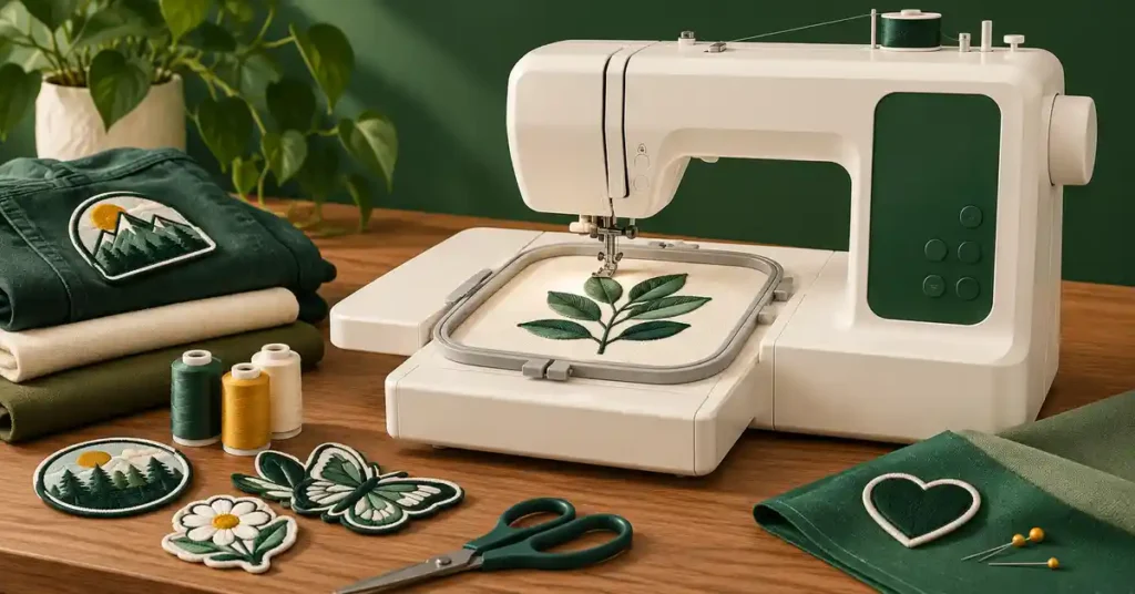 Editorial illustration of a sewing machine and project supplies for best sewing machine for patches.