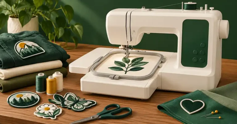 Editorial illustration of a sewing machine and project supplies for best sewing machine for patches.