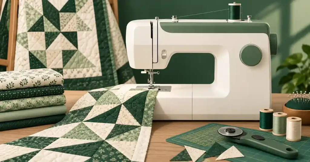 Editorial illustration of a sewing machine and project supplies for best sewing machine for quilt piecing.