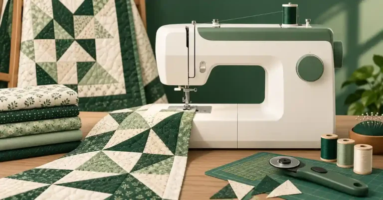 Editorial illustration of a sewing machine and project supplies for best sewing machine for quilt piecing.