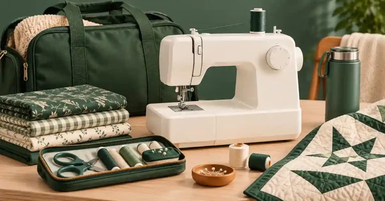 Editorial illustration of a sewing machine and project supplies for best sewing machine for travel.