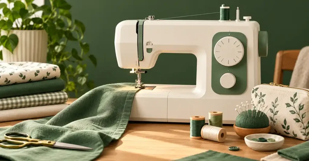 Editorial illustration of a sewing machine and project supplies for best sewing machine under $300.