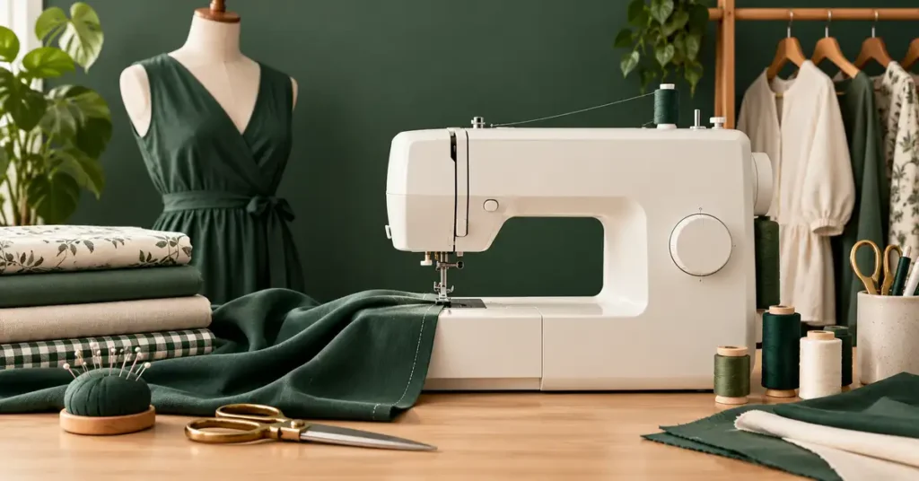 Editorial illustration of a sewing machine and project supplies for best sewing machine under $500.