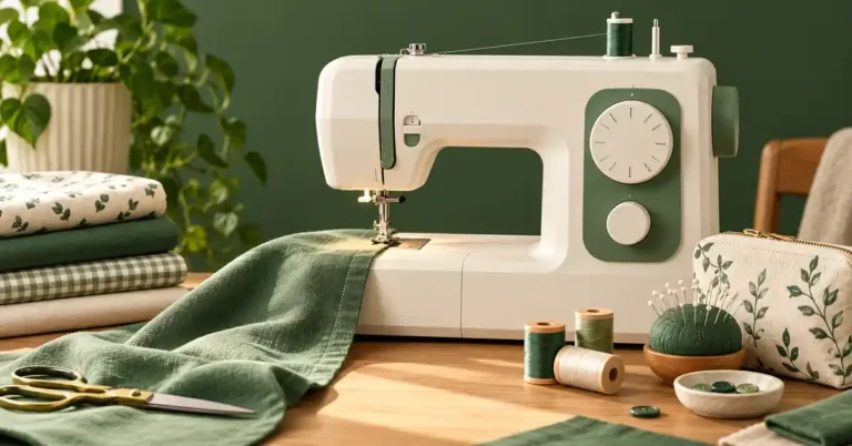 Editorial illustration of a sewing machine and project supplies for best sewing machine with walking foot.