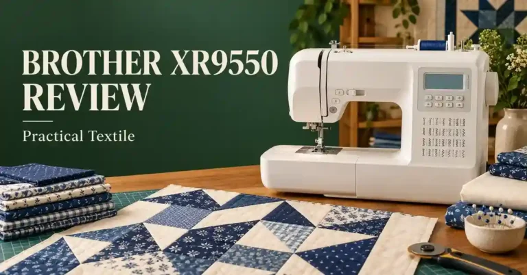 Editorial illustration of a sewing machine and project supplies for brother xr9550 sewing machine reviews.