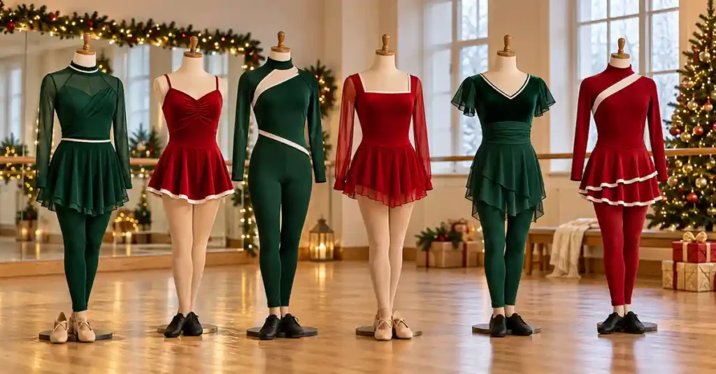 Editorial illustration of red and green dance costumes on dress forms in a rehearsal studio.