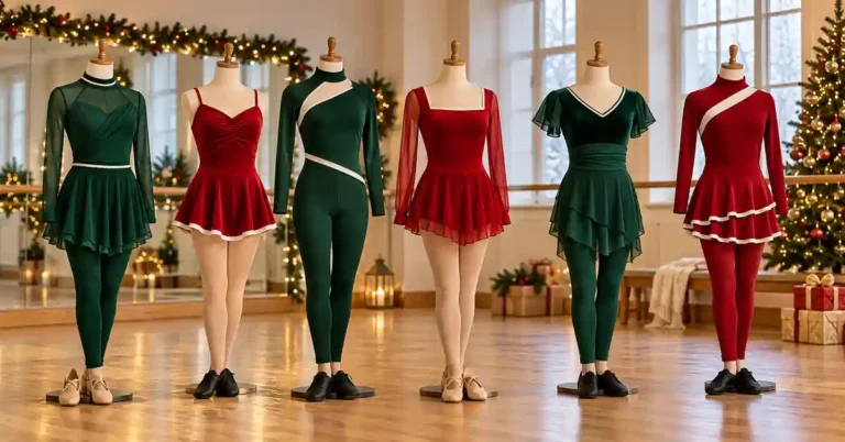 Editorial illustration of red and green dance costumes on dress forms in a rehearsal studio.