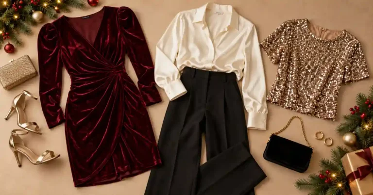 Editorial flat lay of a burgundy velvet dress, satin blouse, dark trousers and a sequin top for Christmas party outfit ideas.