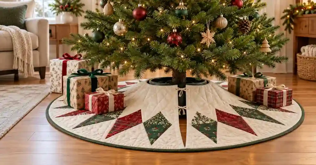 Editorial illustration of a quilted Christmas tree skirt with red and green patchwork and a usable opening around the stand.