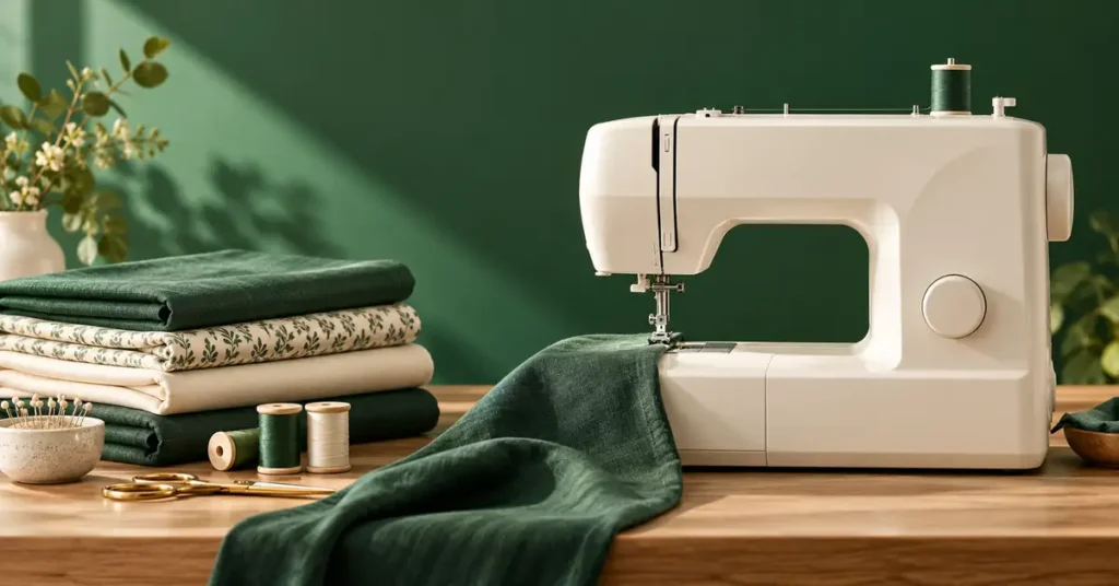 Editorial illustration of a sewing machine and project supplies for elna sewing machine reviews.