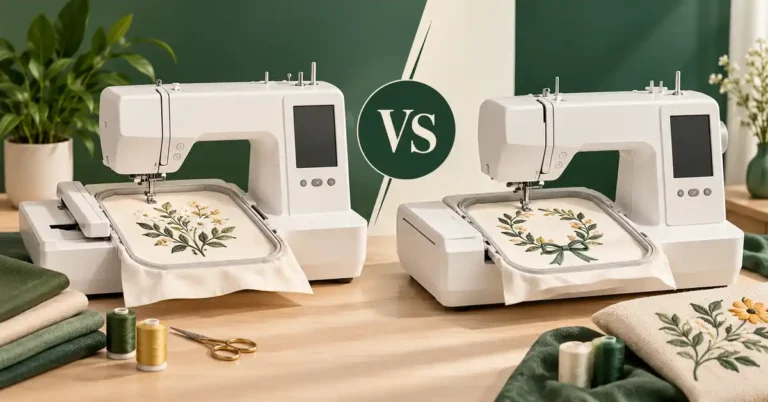 Editorial illustration of a embroidery machine and project supplies for poolin embroidery machine reviews.