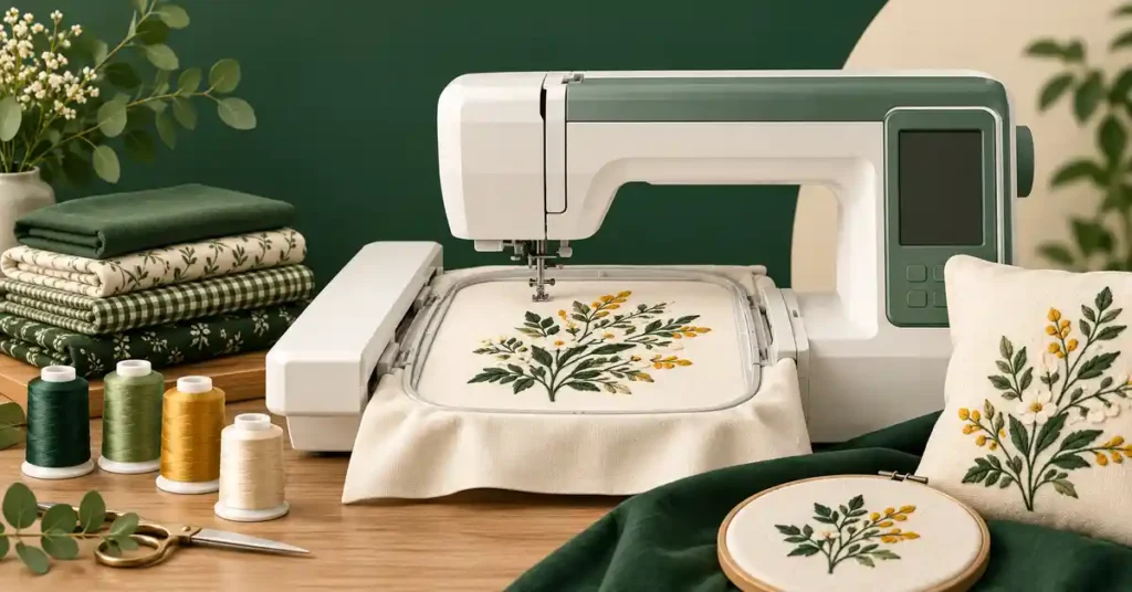 Editorial illustration of a embroidery machine and project supplies for poolin sewing machine reviews.