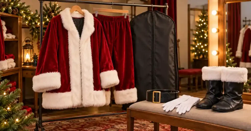 Editorial illustration of a red velvet Santa suit, garment bag, gloves and boots in a costume fitting room.