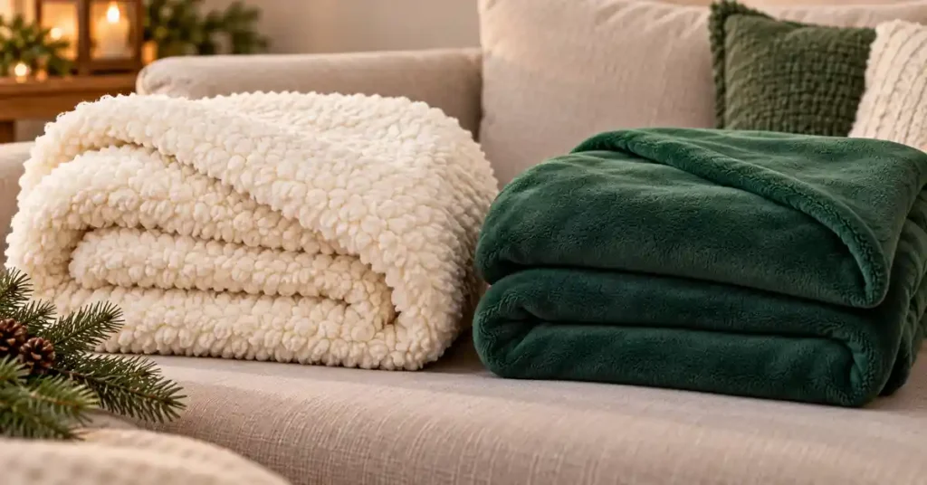 Editorial comparison of an ivory curly sherpa blanket and a smooth forest-green fleece blanket on a neutral sofa.