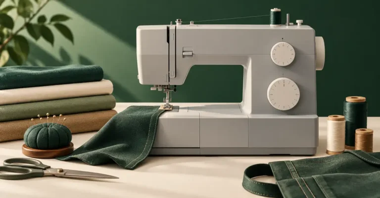 Editorial illustration of a sewing machine and project supplies for singer heavy duty 4411 sewing machine reviews.