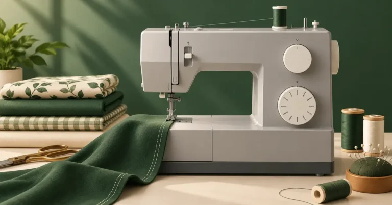Editorial illustration of a sewing machine and project supplies for singer 9960 quantum stylist sewing machine reviews.