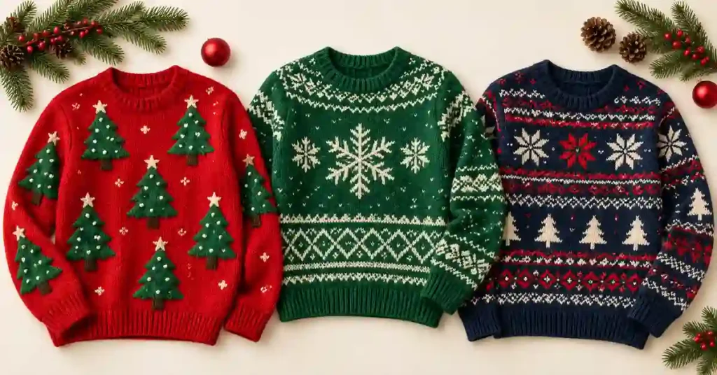 Editorial illustration of three festive red, green and navy sweaters with knitted and appliqued Christmas motifs.