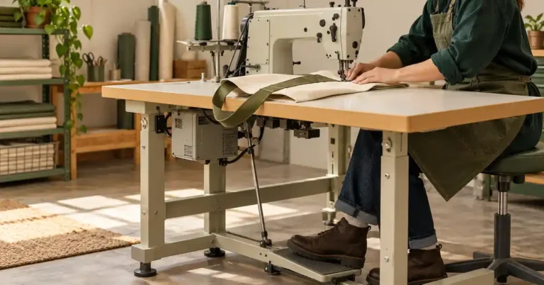 Editorial illustration of a industrial sewing workstation for vevor sewing machine reviews.